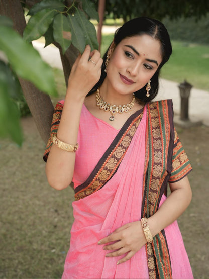 Classic Pink Pure Chanderi Cotton Hand Weaving Cotton Lehenga Choli