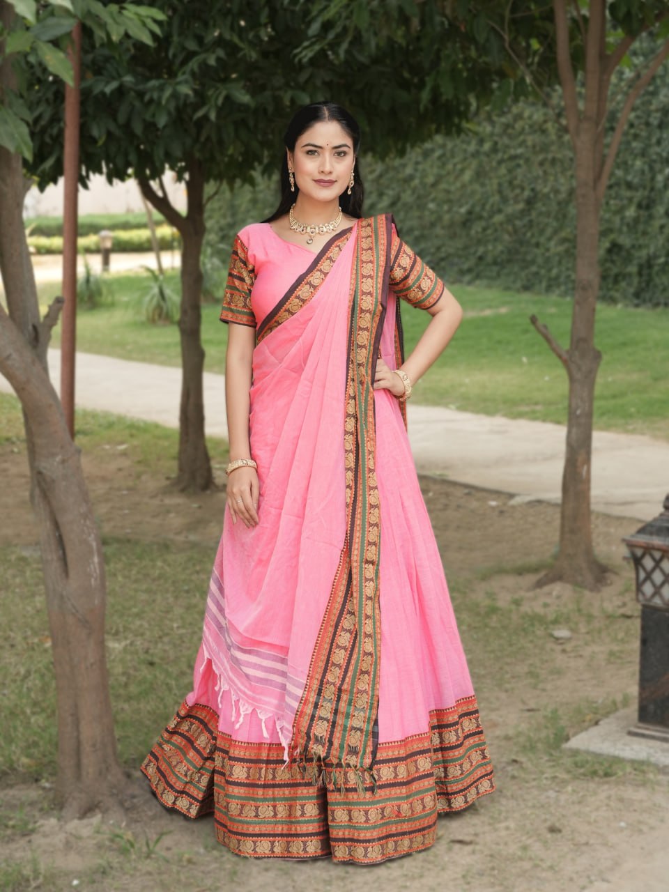 Classic Pink Pure Chanderi Cotton Hand Weaving Cotton Lehenga Choli