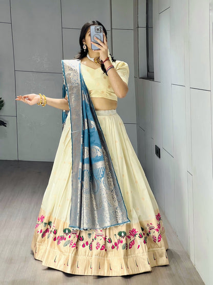 Firozi Pure Paithani Silk Zari Weaving Work Paithani Chaniya Choli 