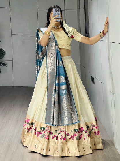 Firozi Pure Paithani Silk Zari Weaving Work Paithani Chaniya Choli 
