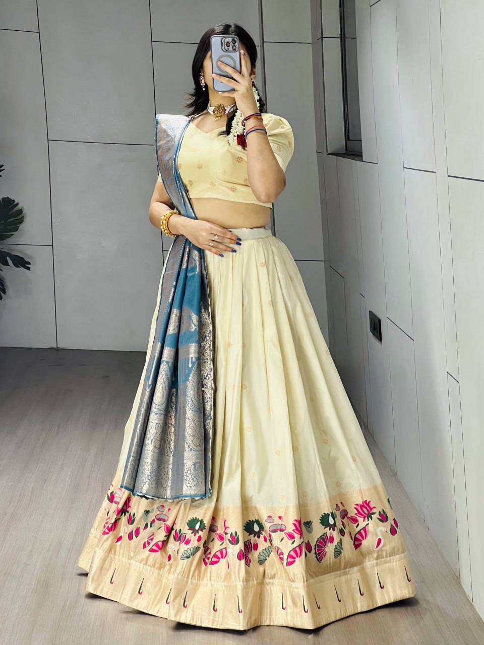 Firozi Pure Paithani Silk Zari Weaving Work Paithani Chaniya Choli 