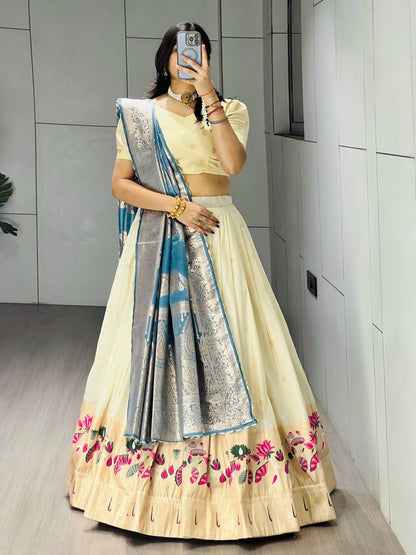 Firozi Pure Paithani Silk Zari Weaving Work Paithani Chaniya Choli 