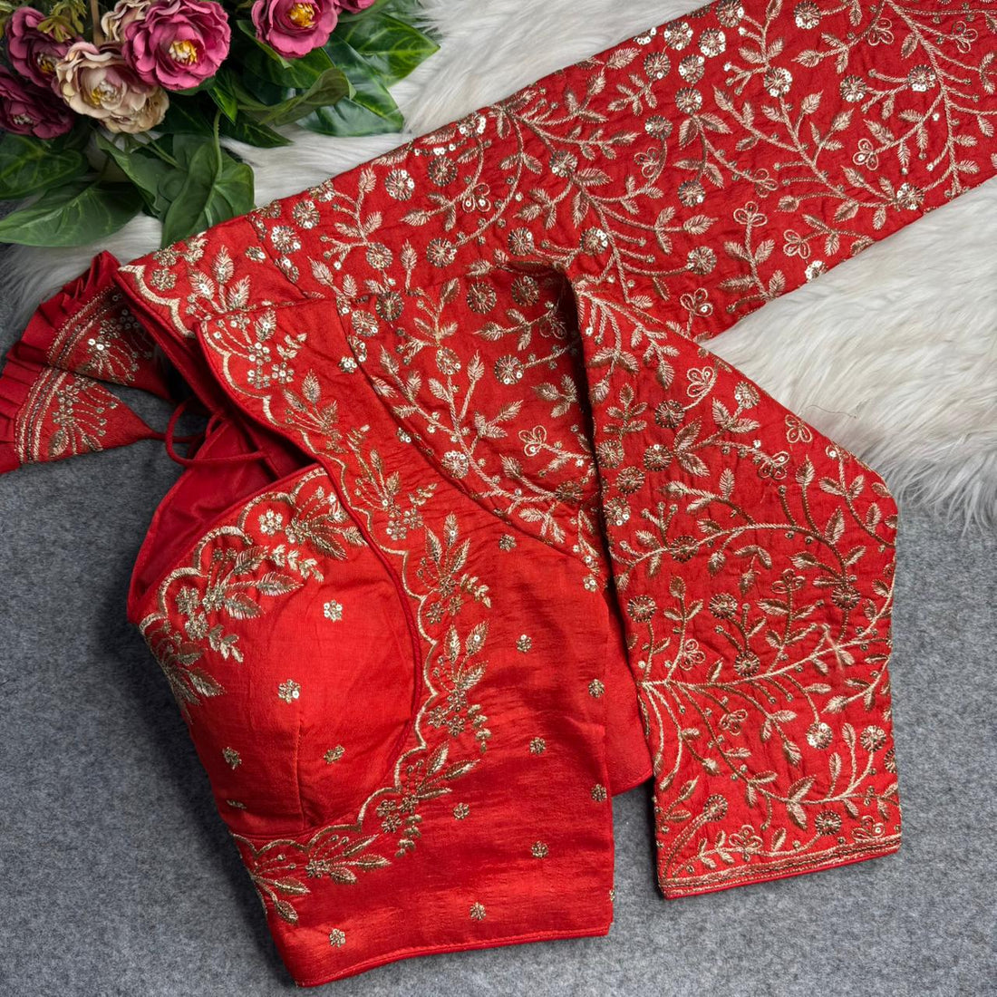 Red Pure Madhubala Style Heavy Long Sleeves Work Blouse