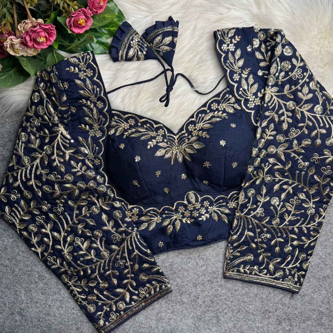 Navy Blue Pure Madhubala Style Heavy Long Sleeves Work Blouse
