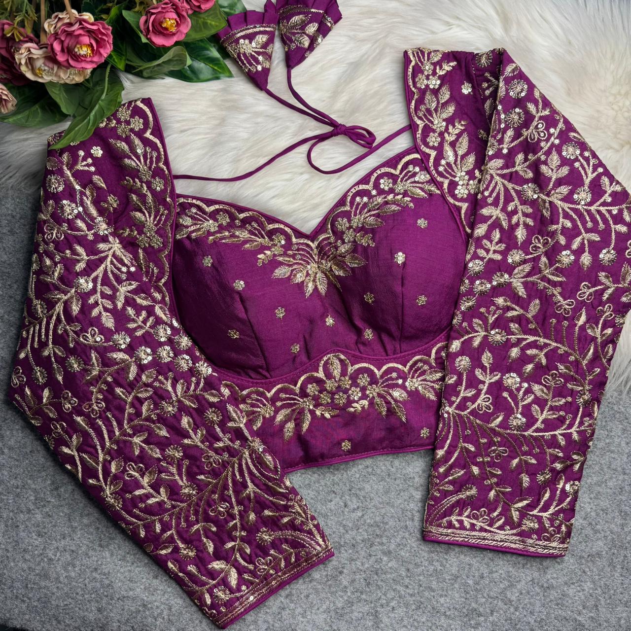 Purple Pure Madhubala Style Heavy Long Sleeves Work Blouse