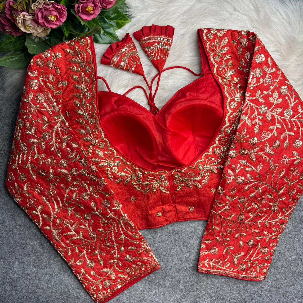 Red Pure Madhubala Style Heavy Long Sleeves Work Blouse