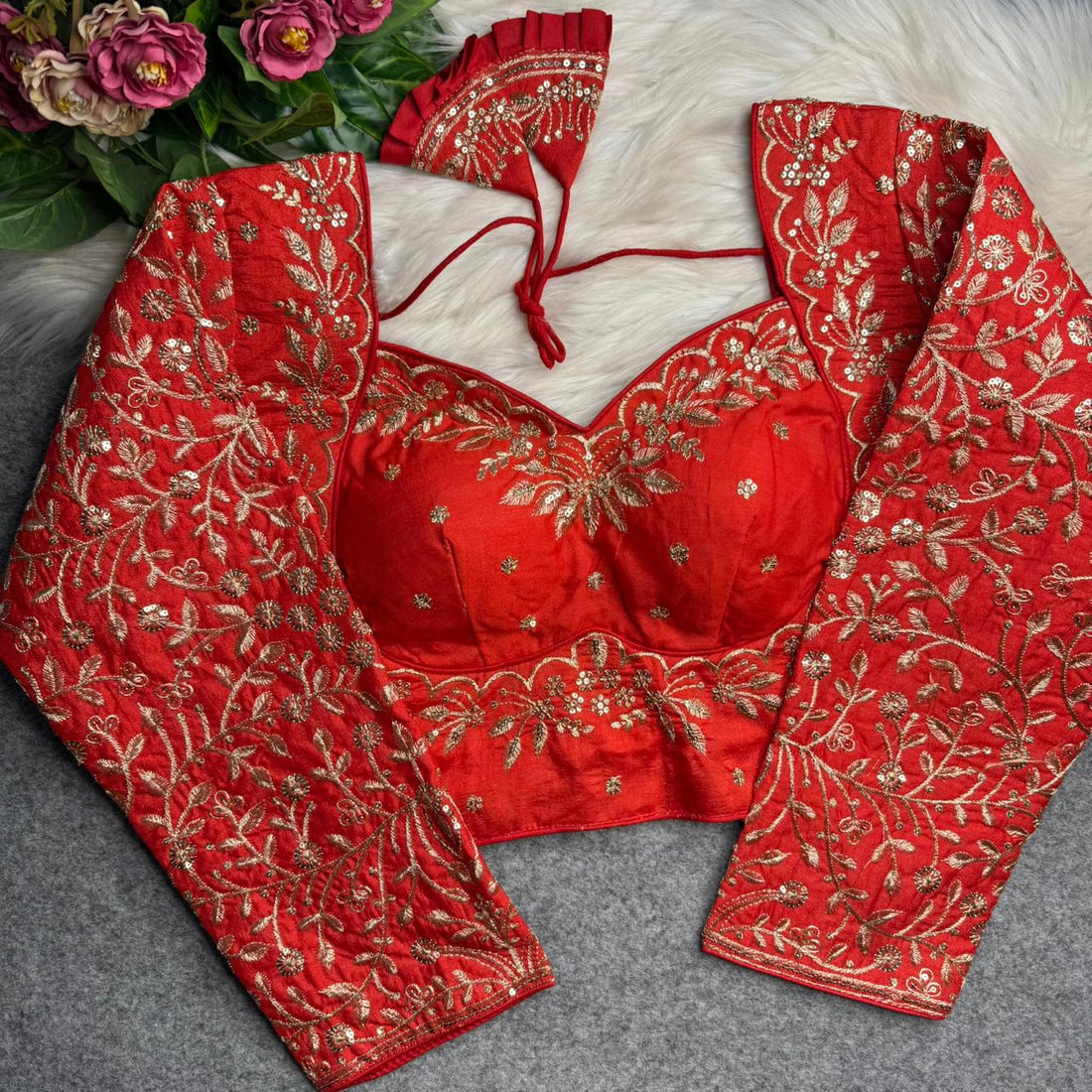 Red Pure Madhubala Style Heavy Long Sleeves Work Blouse