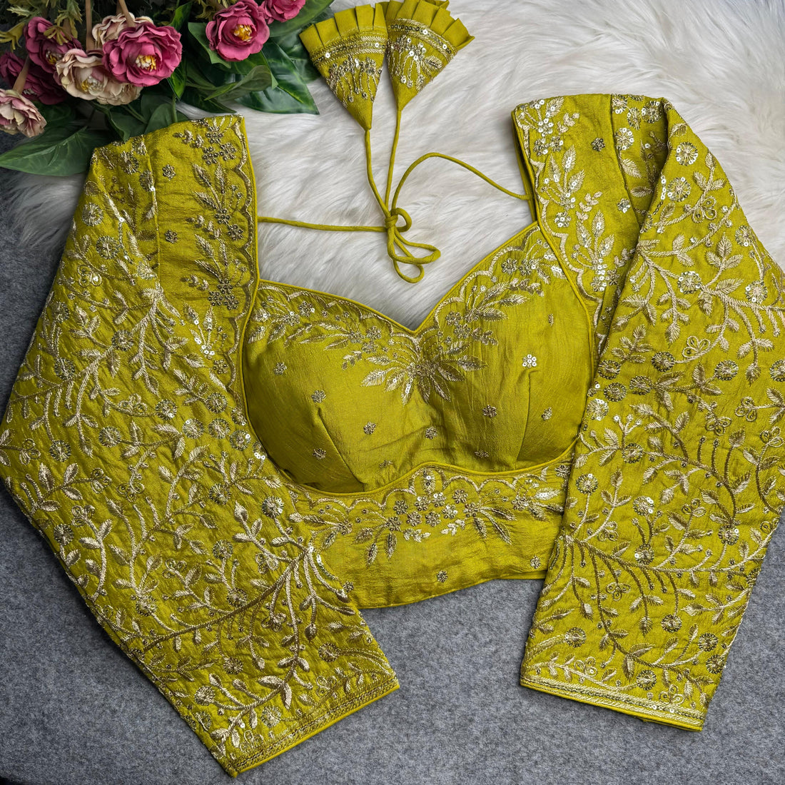 Bright Yellow Pure Madhubala Style Heavy Long Sleeves Work Blouse