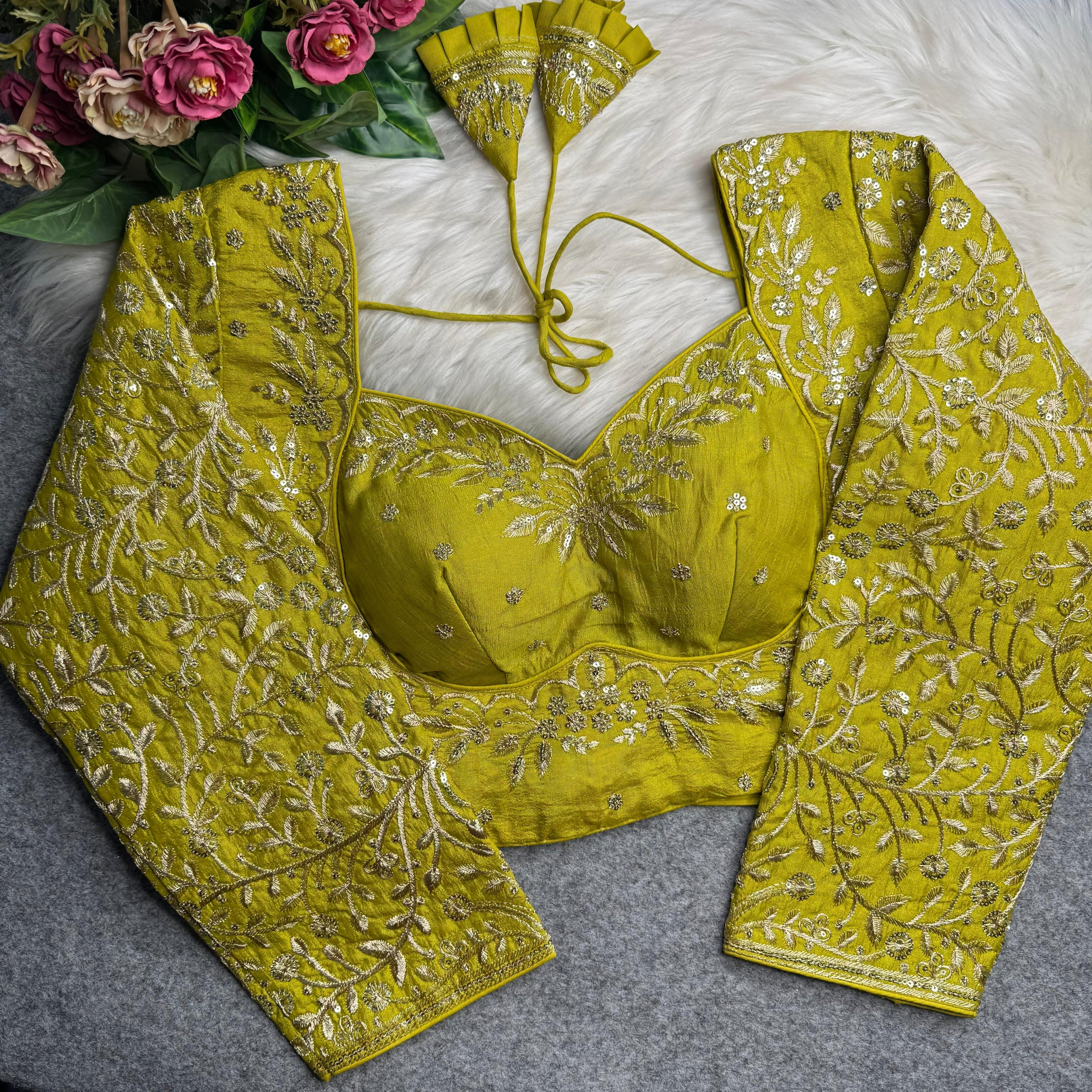 Bright Yellow Pure Madhubala Style Heavy Long Sleeves Work Blouse