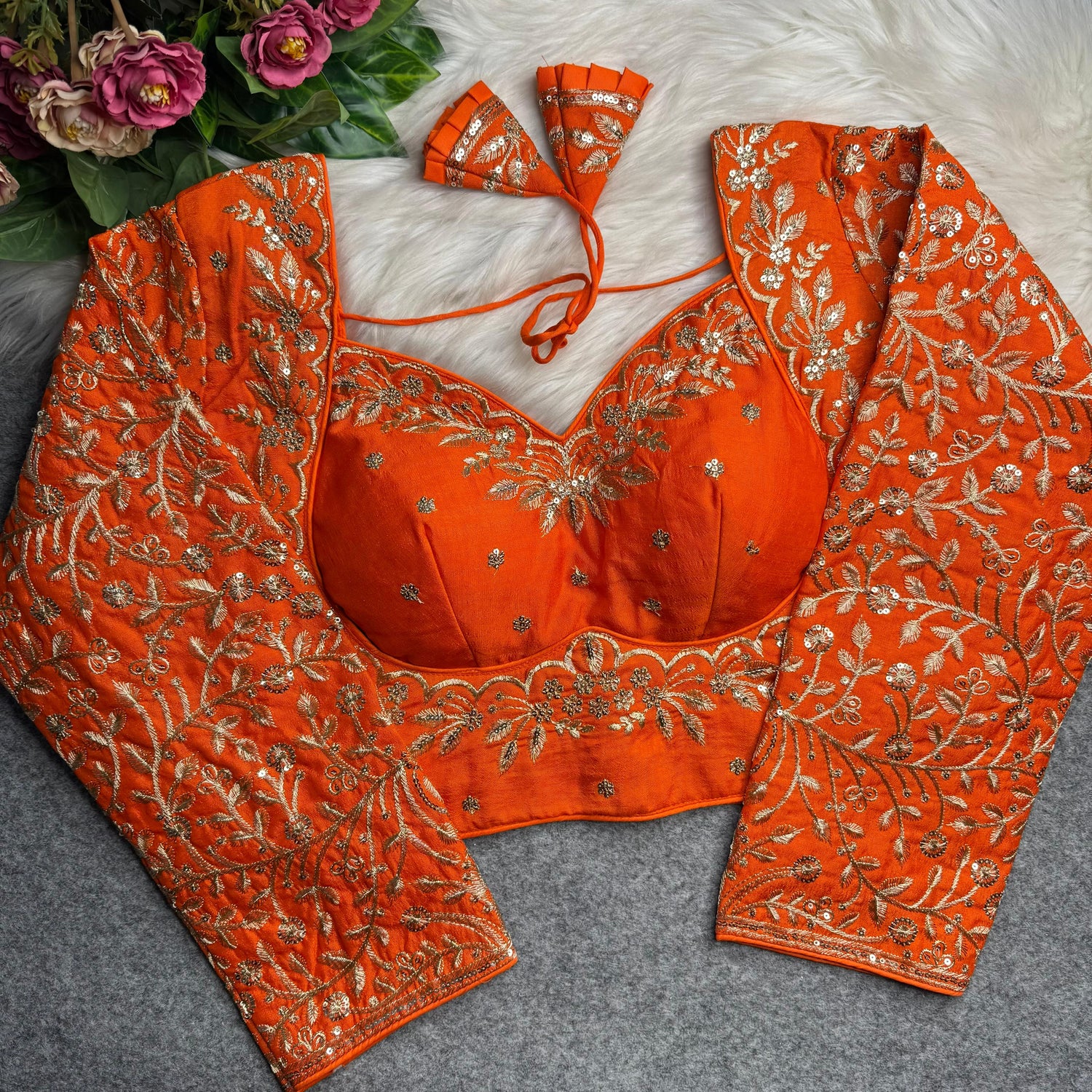 Orange Pure Madhubala Style Heavy Long Sleeves Work Blouse 