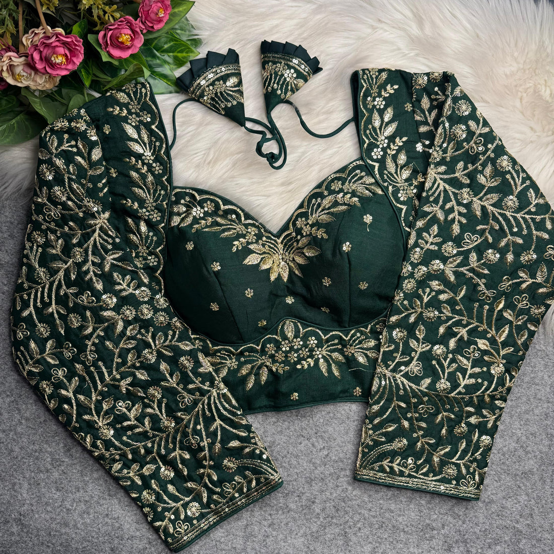 Green Pure Madhubala Style Heavy Long Sleeves Work Blouse 