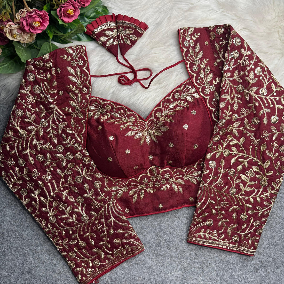 Wine Pure Madhubala Style Heavy Long Sleeves Work Blouse 