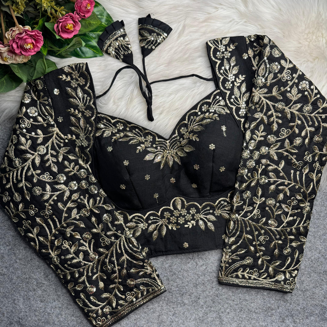Black Pure Madhubala Style Heavy Long Sleeves Work Blouse