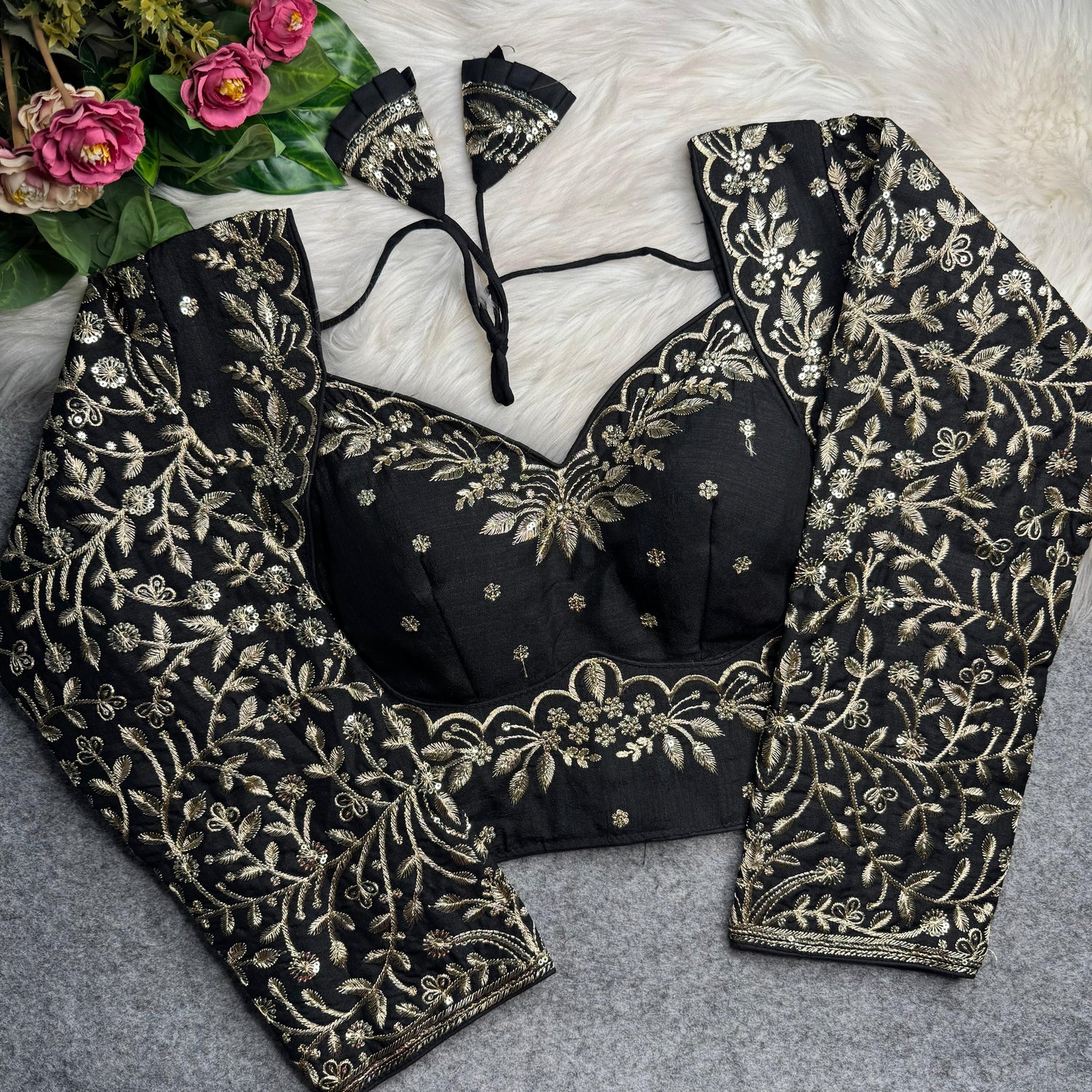 Black Pure Madhubala Style Heavy Long Sleeves Work Blouse