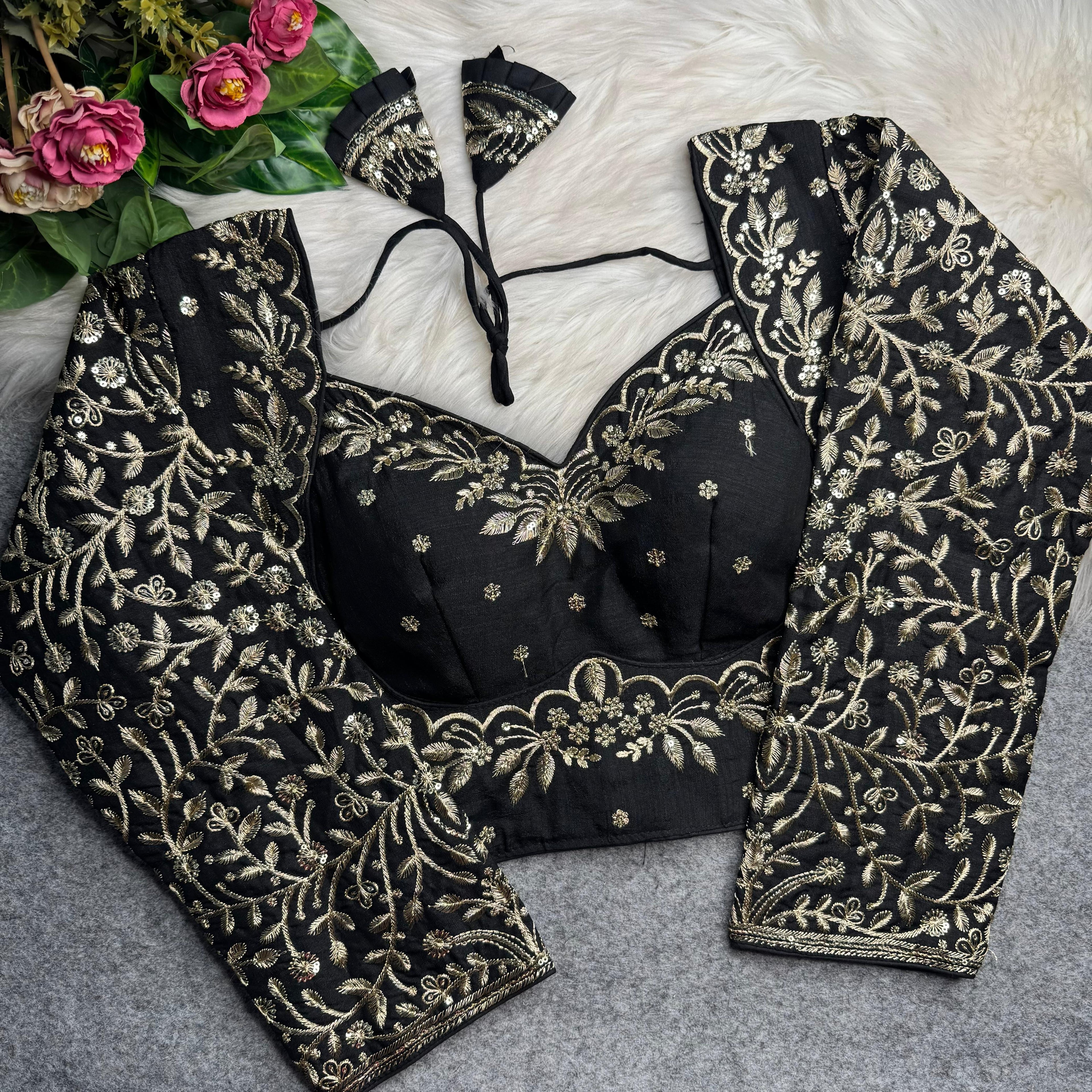 Black Pure Madhubala Style Heavy Long Sleeves Work Blouse