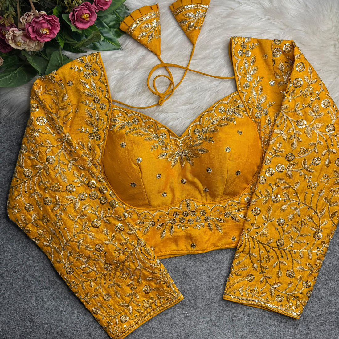 Yellow Pure Madhubala Style Heavy Long Sleeves Work Blouse 