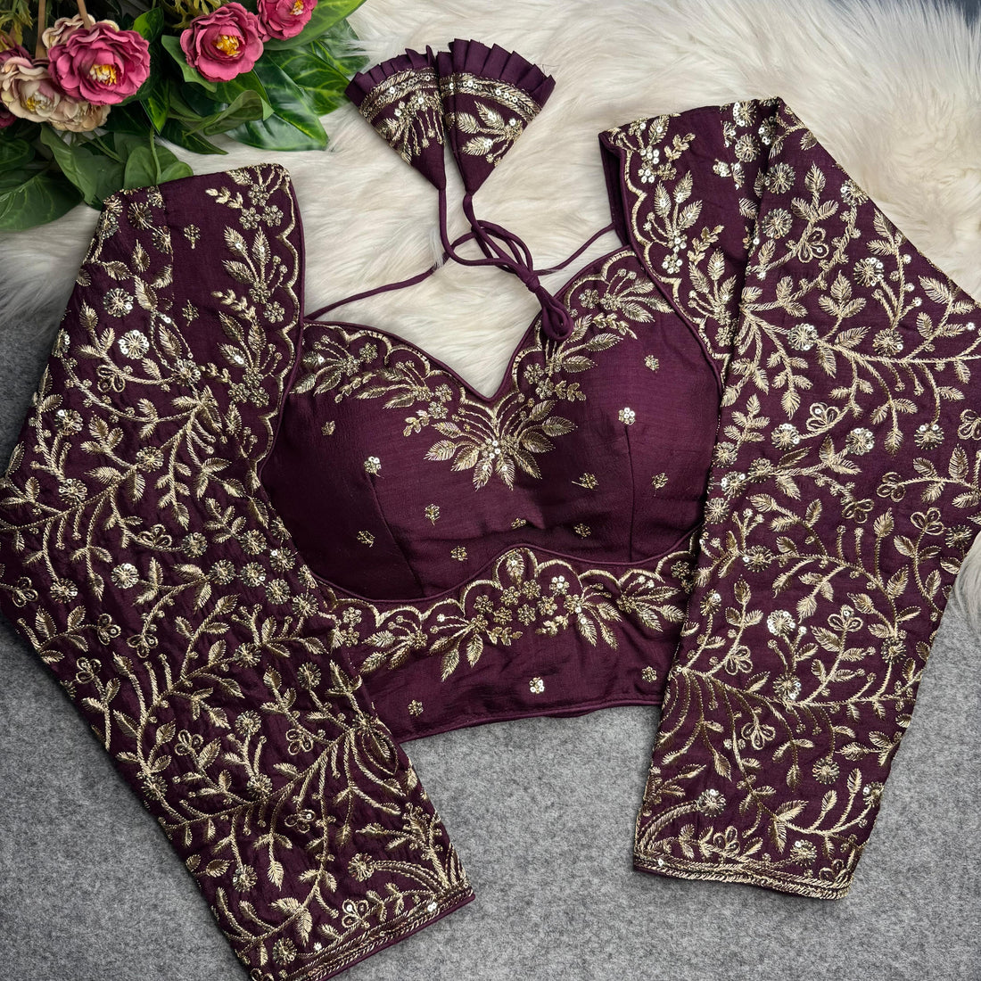 Wine Pure Madhubala Style Heavy Long Sleeves Work Blouse 