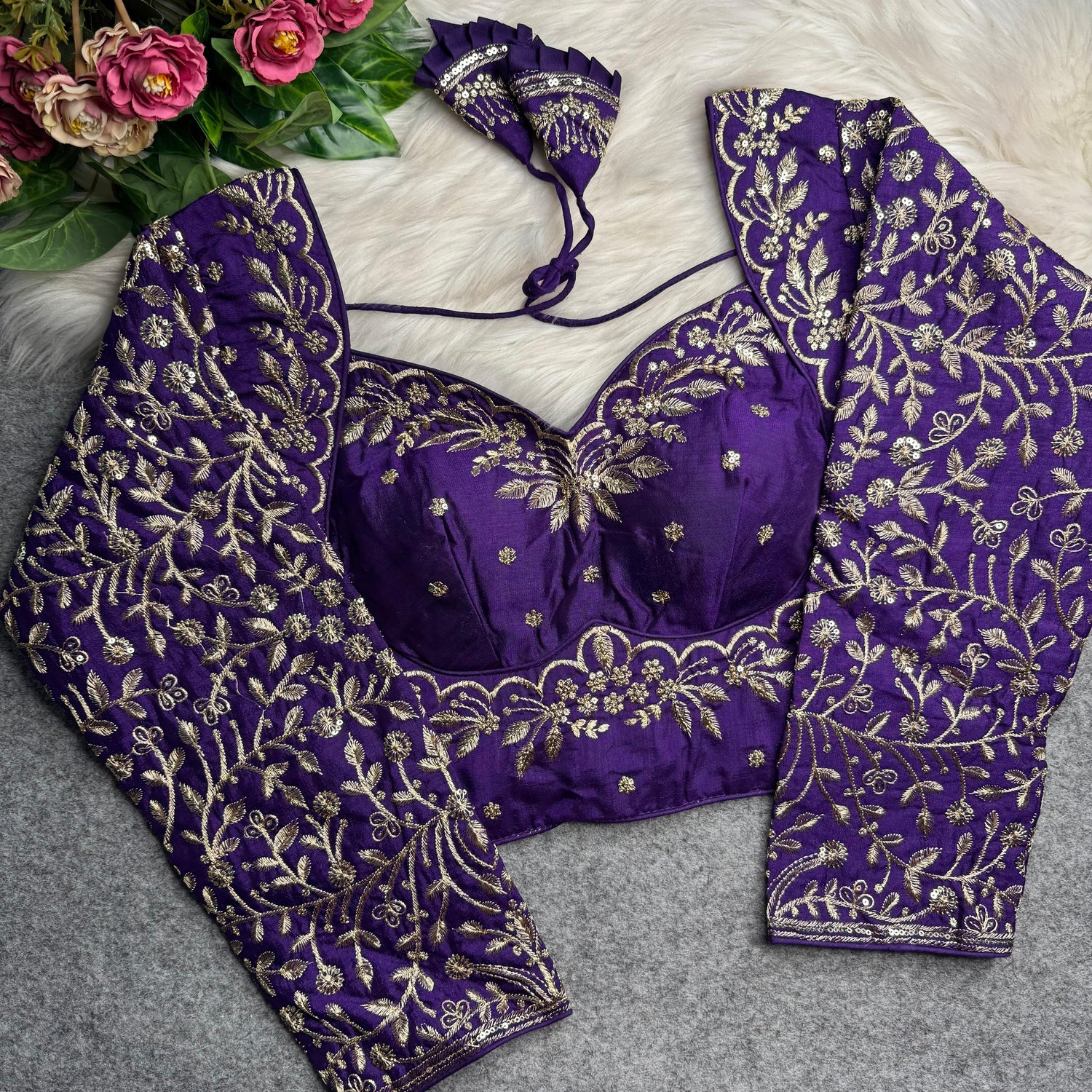 Blue Pure Madhubala Style Heavy Long Sleeves Work Blouse 