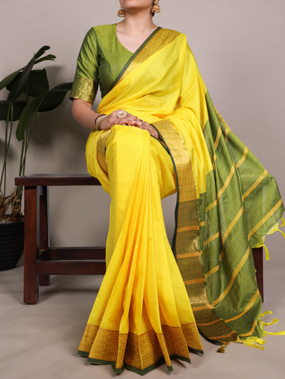 Yellow Pure Poly Cotton Zari Weaving Work Cotton Saree 