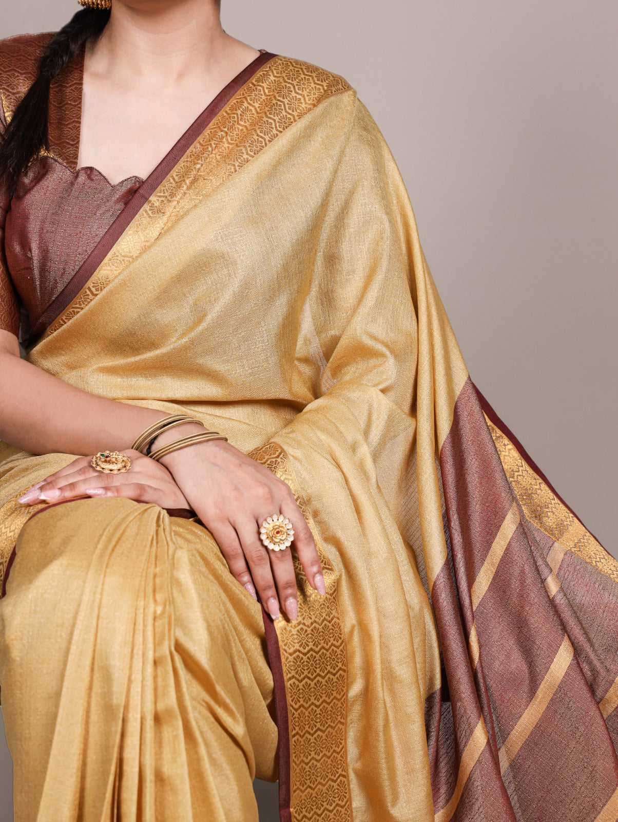 Cream Pure Poly Cotton Zari Weaving Work Cotton Saree