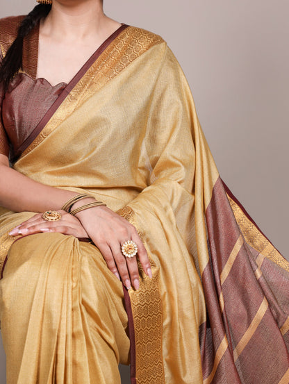 Cream Pure Poly Cotton Zari Weaving Work Cotton Saree