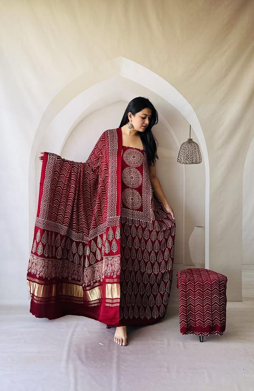 Maroon Pure Modal Gajji Silk Natural Ajrakh Hand Block Print Dupatta Suit 