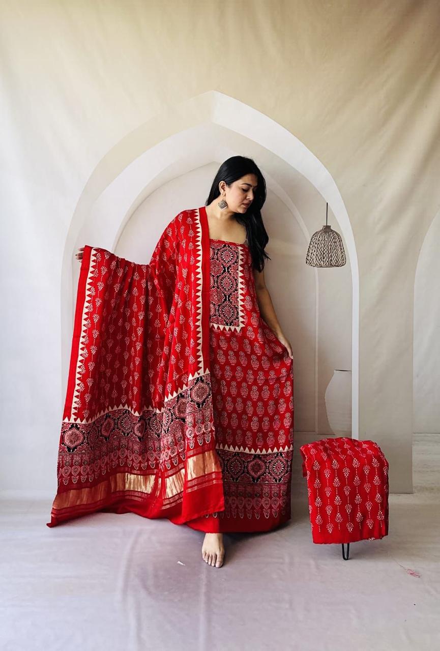 Red Pure Modal Gajji Silk Natural Ajrakh Hand Block Print Dupatta Suit 