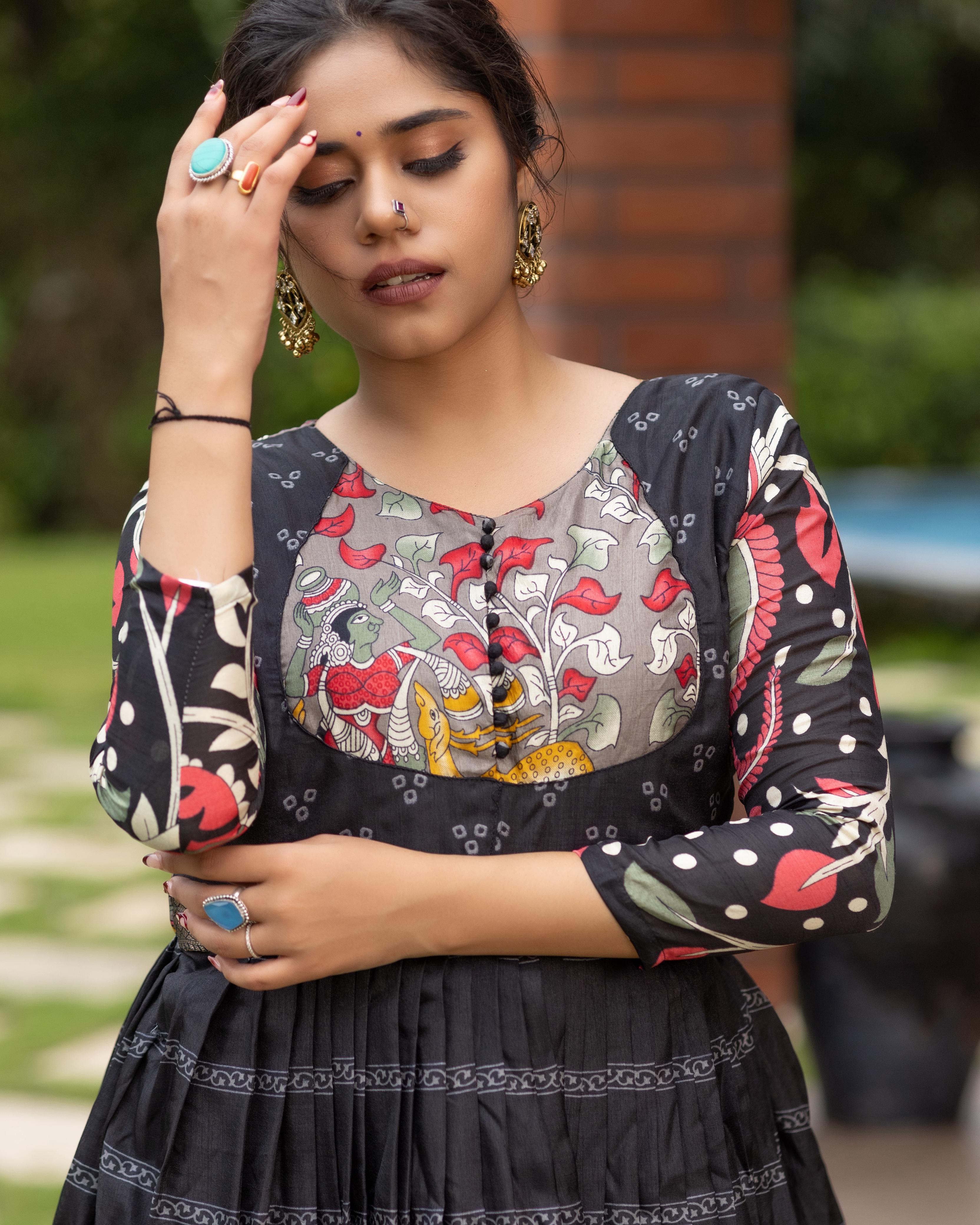 Black Pure Soft Silk Kalamkari Print Anarkali Gown 