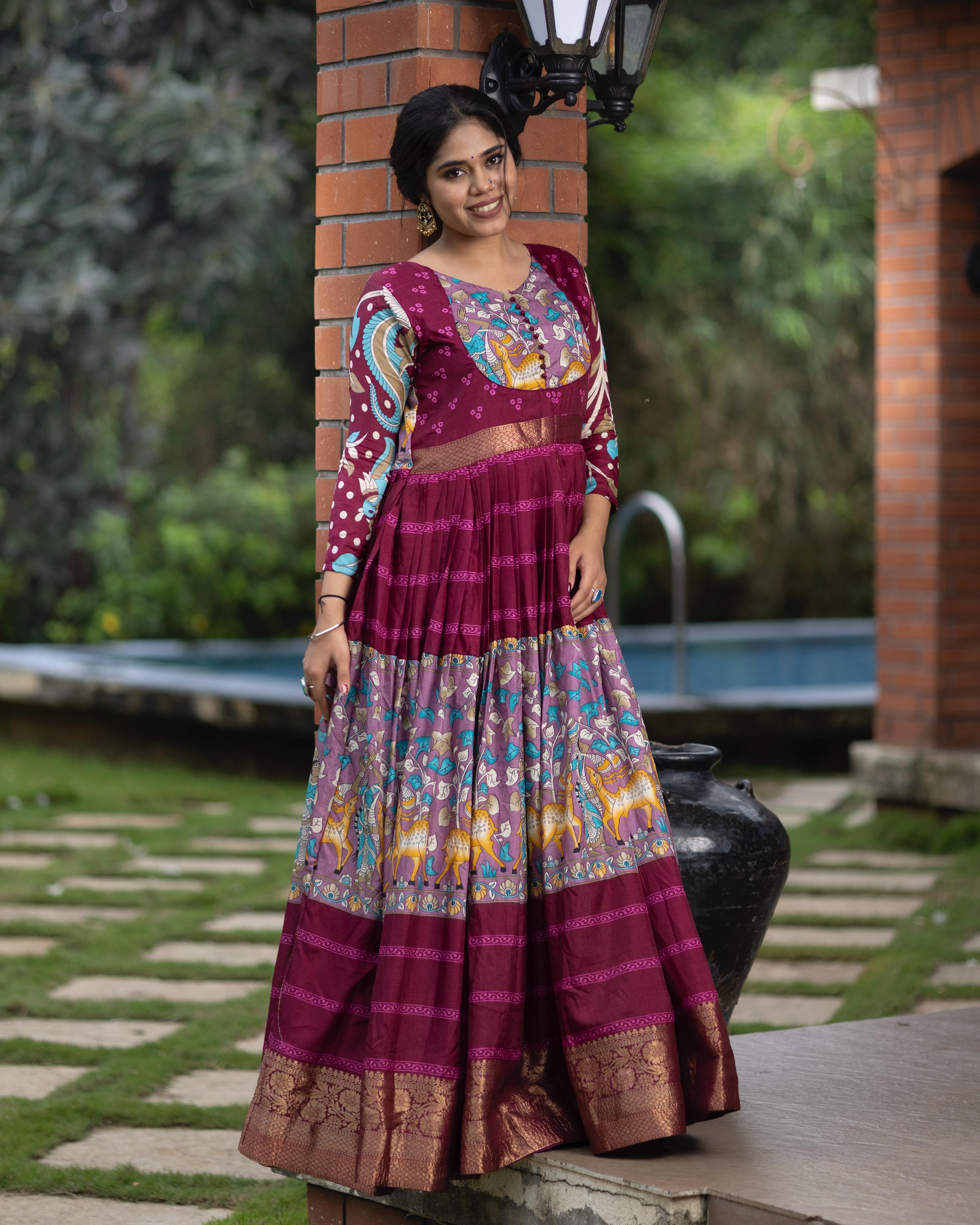 Cream Pure Soft Silk Kalamkari Print Anarkali Gown 