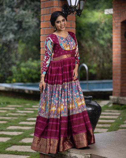 Cream Pure Soft Silk Kalamkari Print Anarkali Gown 