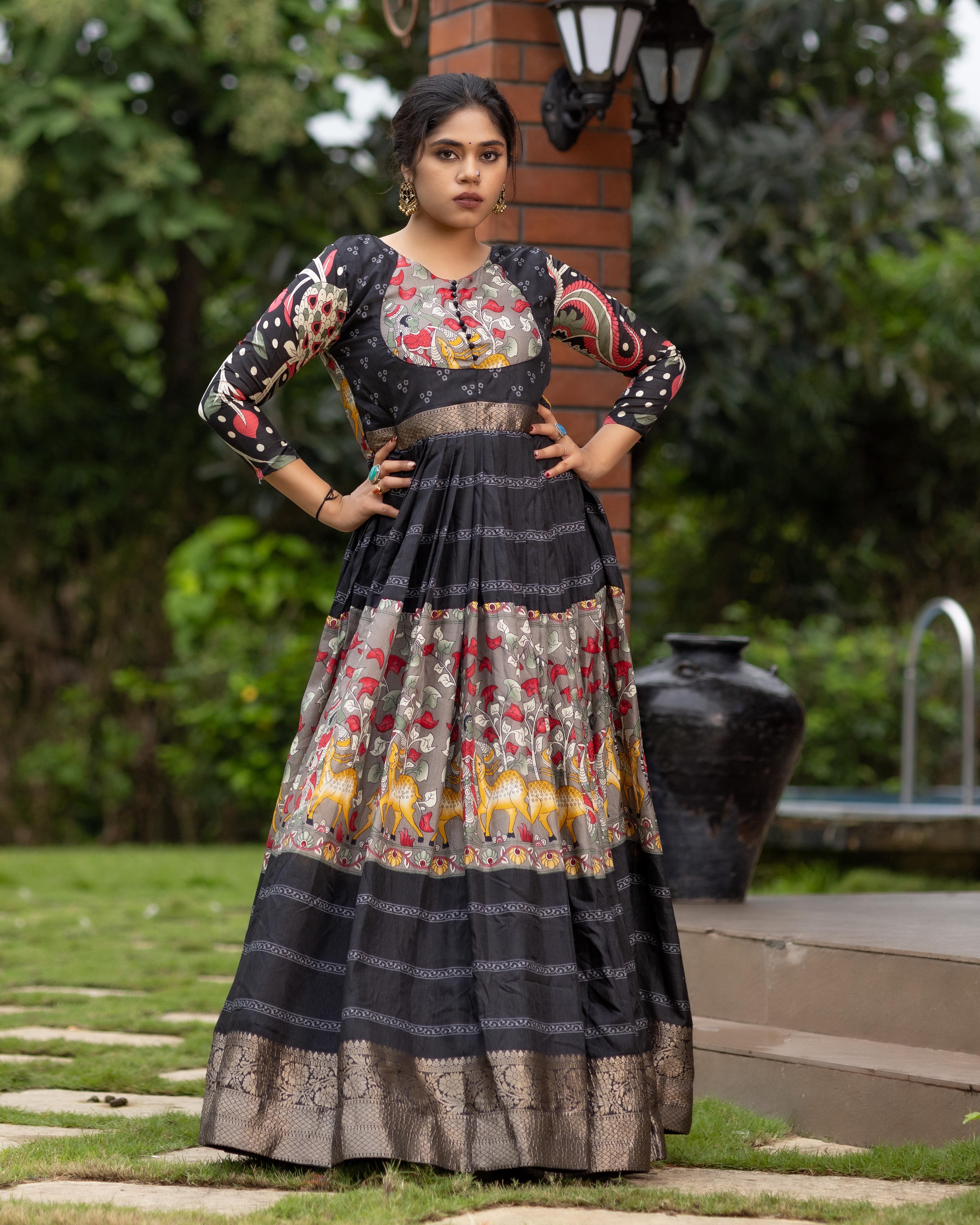 black kalamkari dress Pure Soft Silk Print Anarkali Gown Button tie back waist Width:Extra Wide SUMMER KISS — Linen tahiti