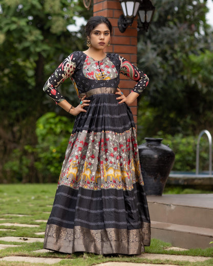 Black Pure Soft Silk Kalamkari Print Anarkali Gown 