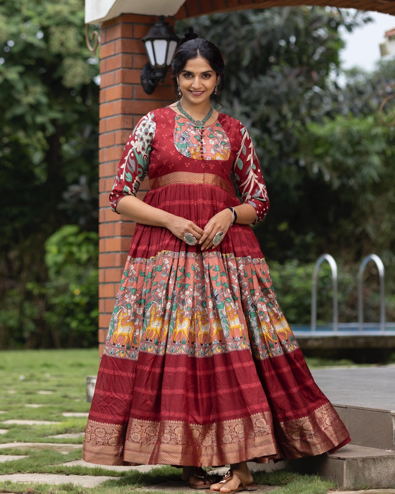 Maroon Pure Soft Silk Kalamkari Print Anarkali Gown 