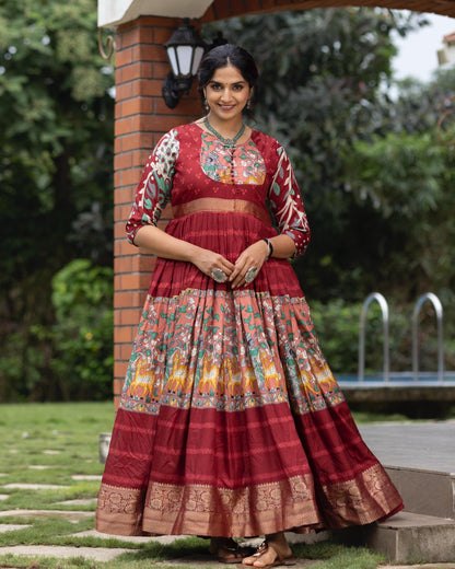 Maroon Pure Soft Silk Kalamkari Print Anarkali Gown 