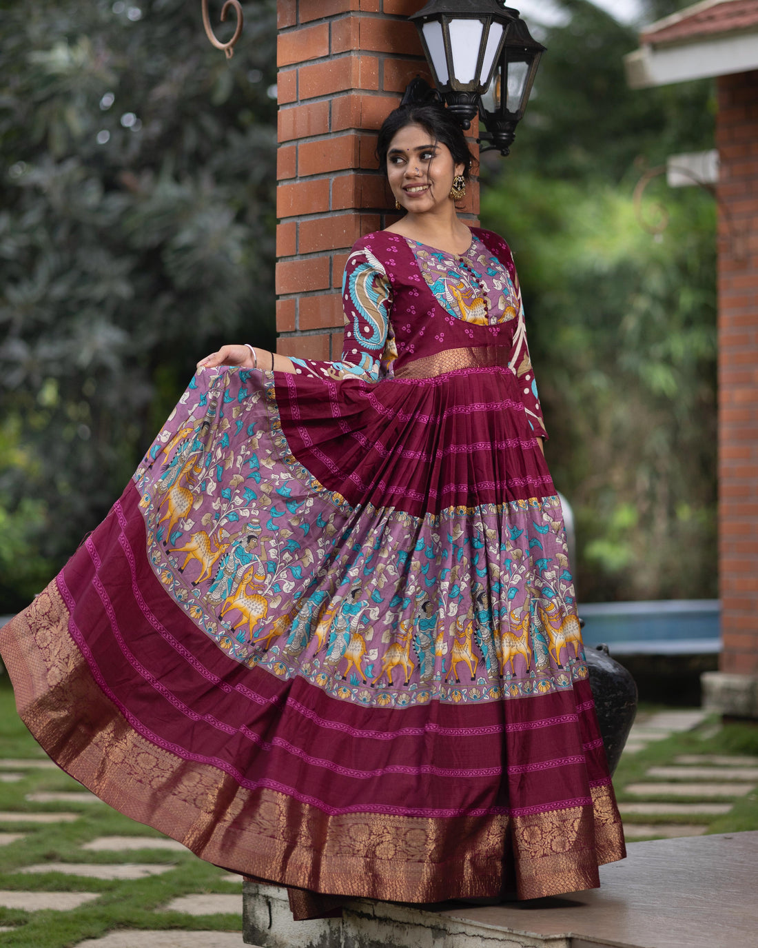 Cream Pure Soft Silk Kalamkari Print Anarkali Gown 