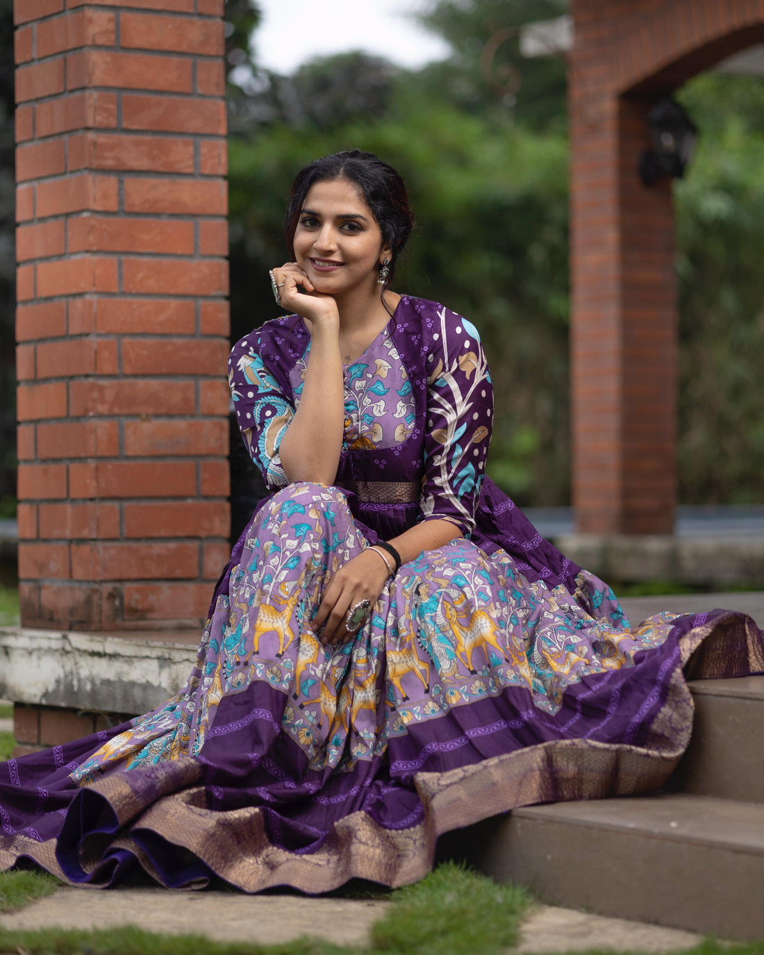Purple Pure Soft Silk Kalamkari Print Anarkali Gown 