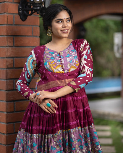 Cream Pure Soft Silk Kalamkari Print Anarkali Gown 