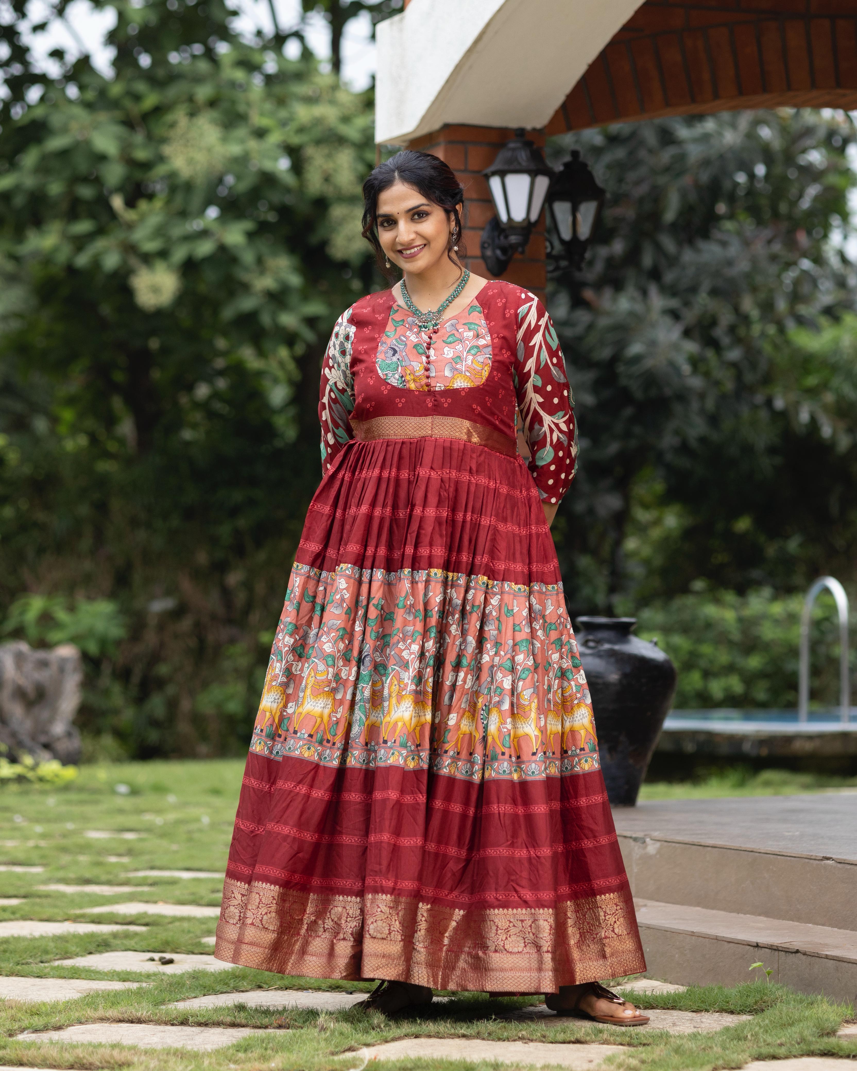 Maroon Pure Soft Silk Kalamkari Print Anarkali Gown 