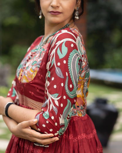Maroon Pure Soft Silk Kalamkari Print Anarkali Gown 