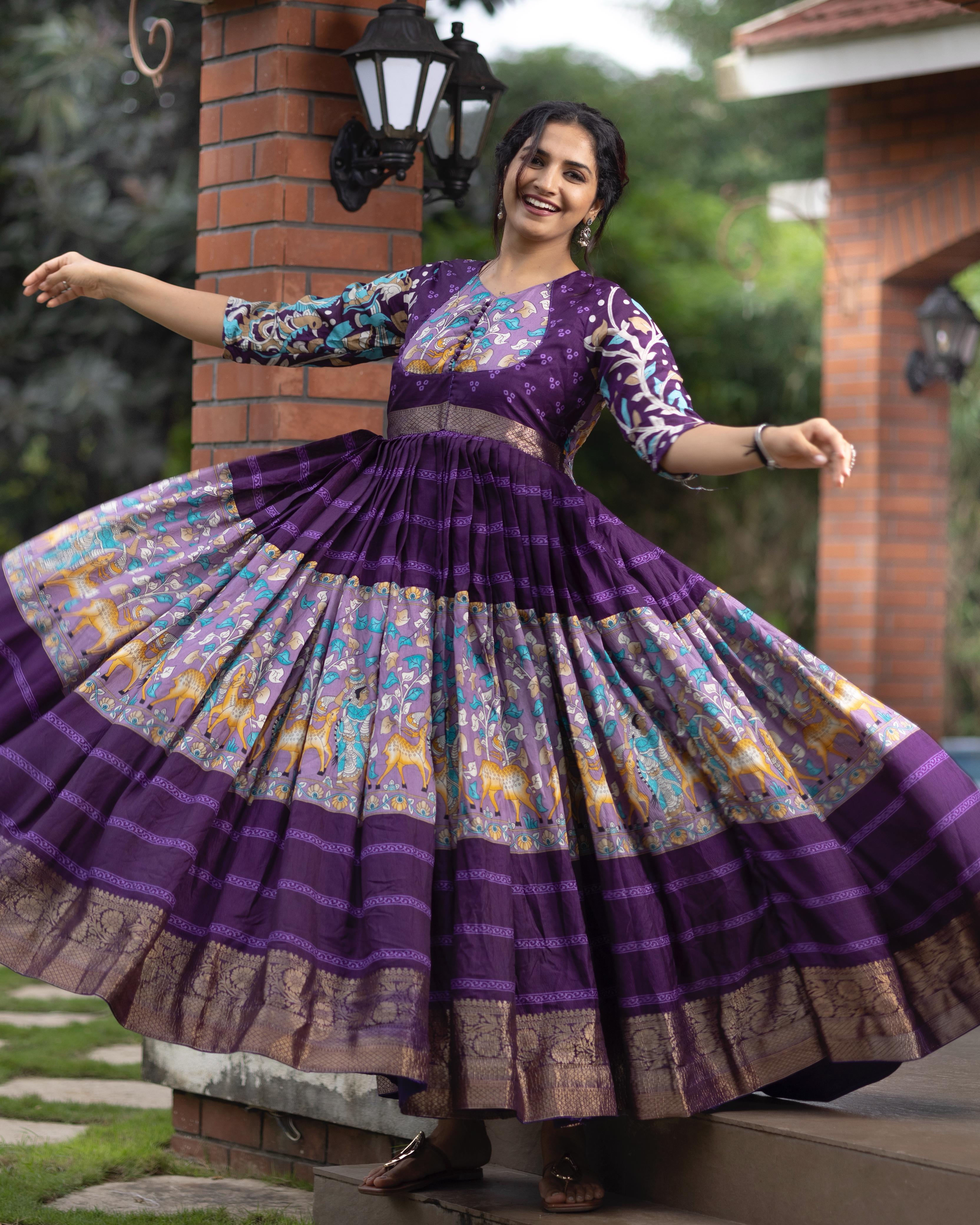 Purple Pure Soft Silk Kalamkari Print Anarkali Gown 