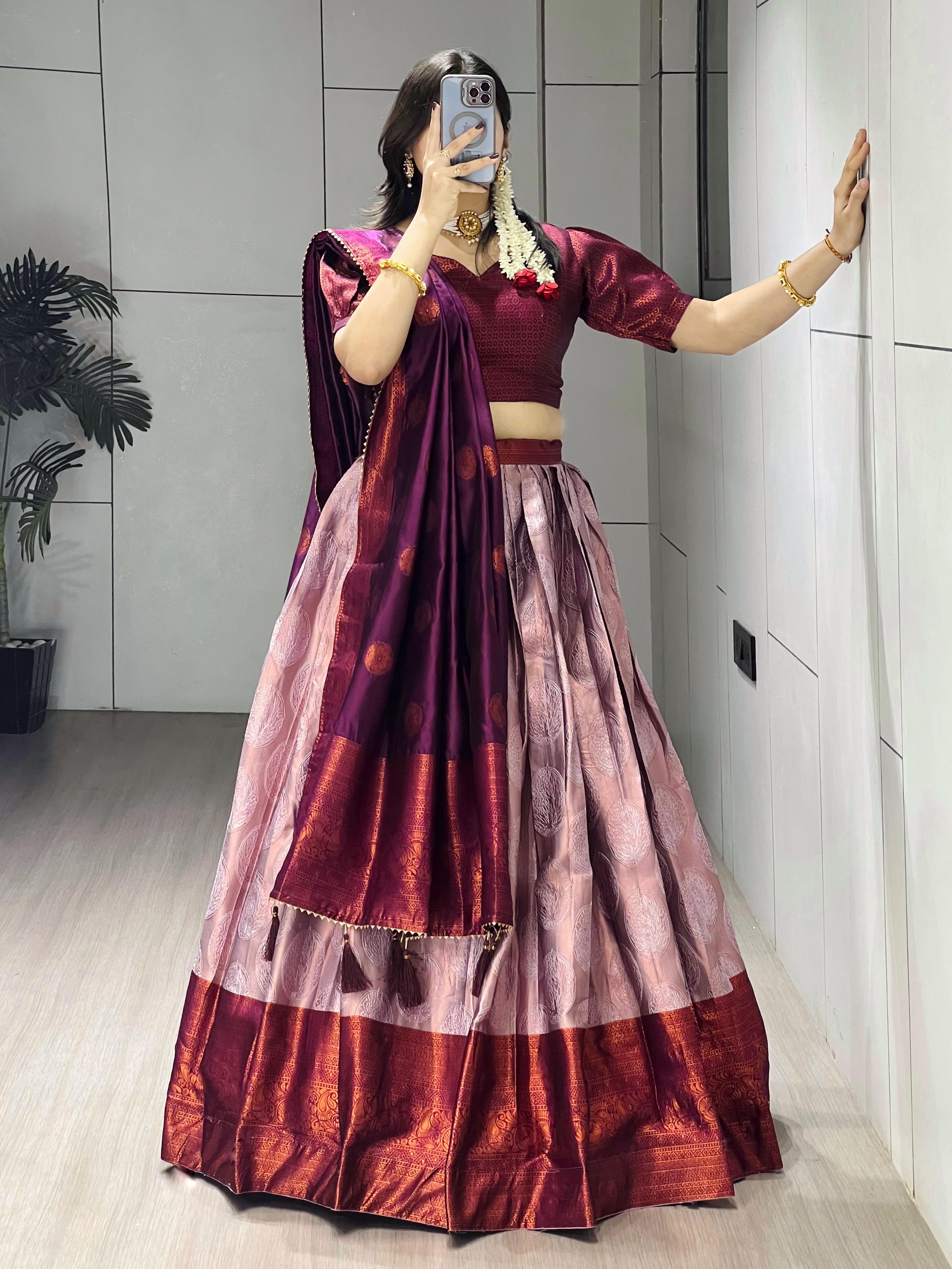 Wine Pure Silk Zari Weaving Kalamkari Weaving Border Lehenga Choli 