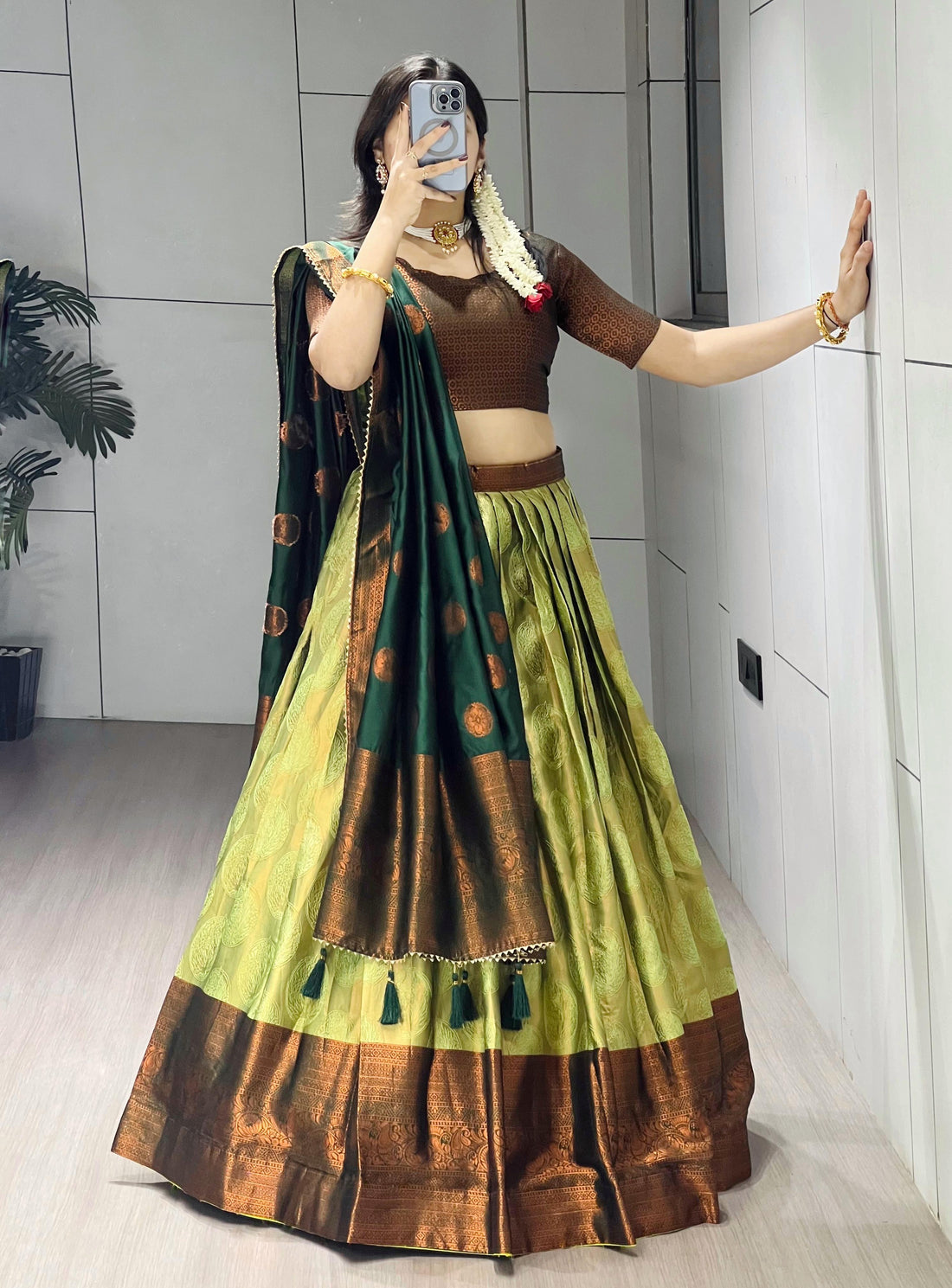 Pista Pure Silk Zari Weaving Kalamkari Weaving Border Lehenga Choli 