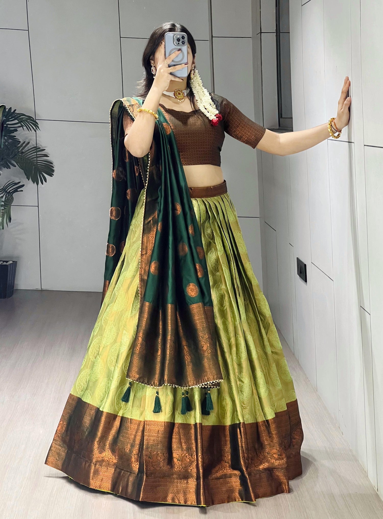 Pista Pure Silk Zari Weaving Kalamkari Weaving Border Lehenga Choli 