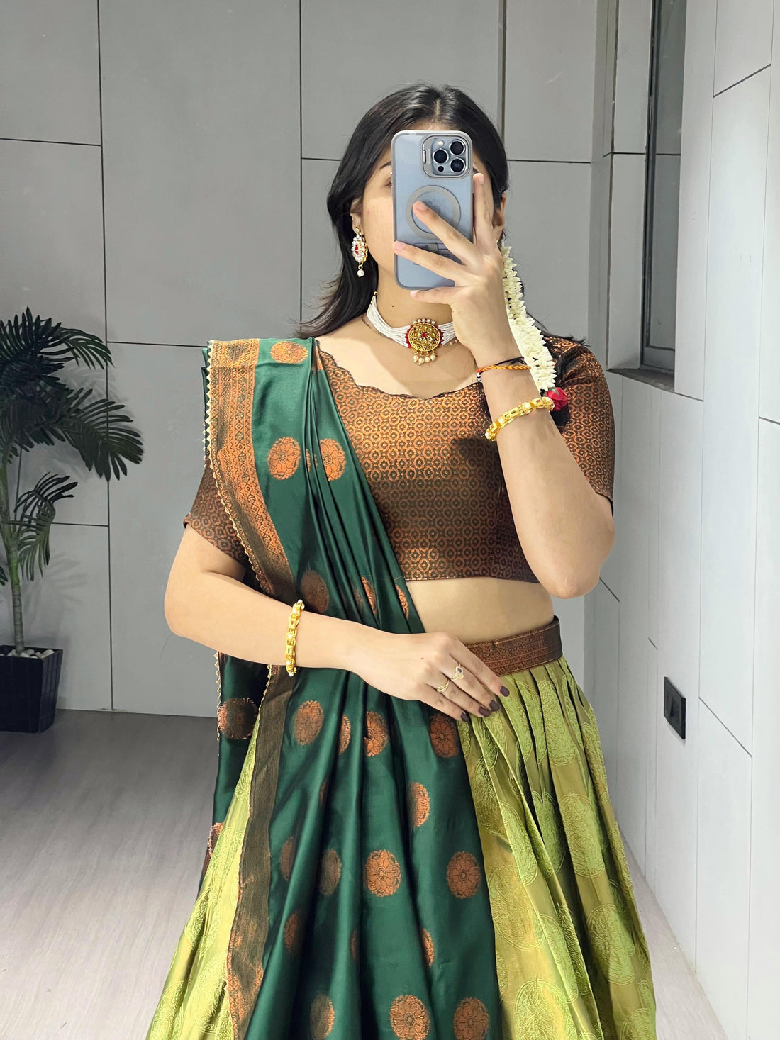 Pista Pure Silk Zari Weaving Kalamkari Weaving Border Lehenga Choli 