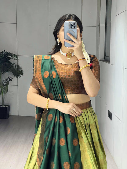Pista Pure Silk Zari Weaving Kalamkari Weaving Border Lehenga Choli 
