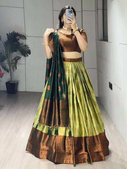 Pista Pure Silk Zari Weaving Kalamkari Weaving Border Lehenga Choli 