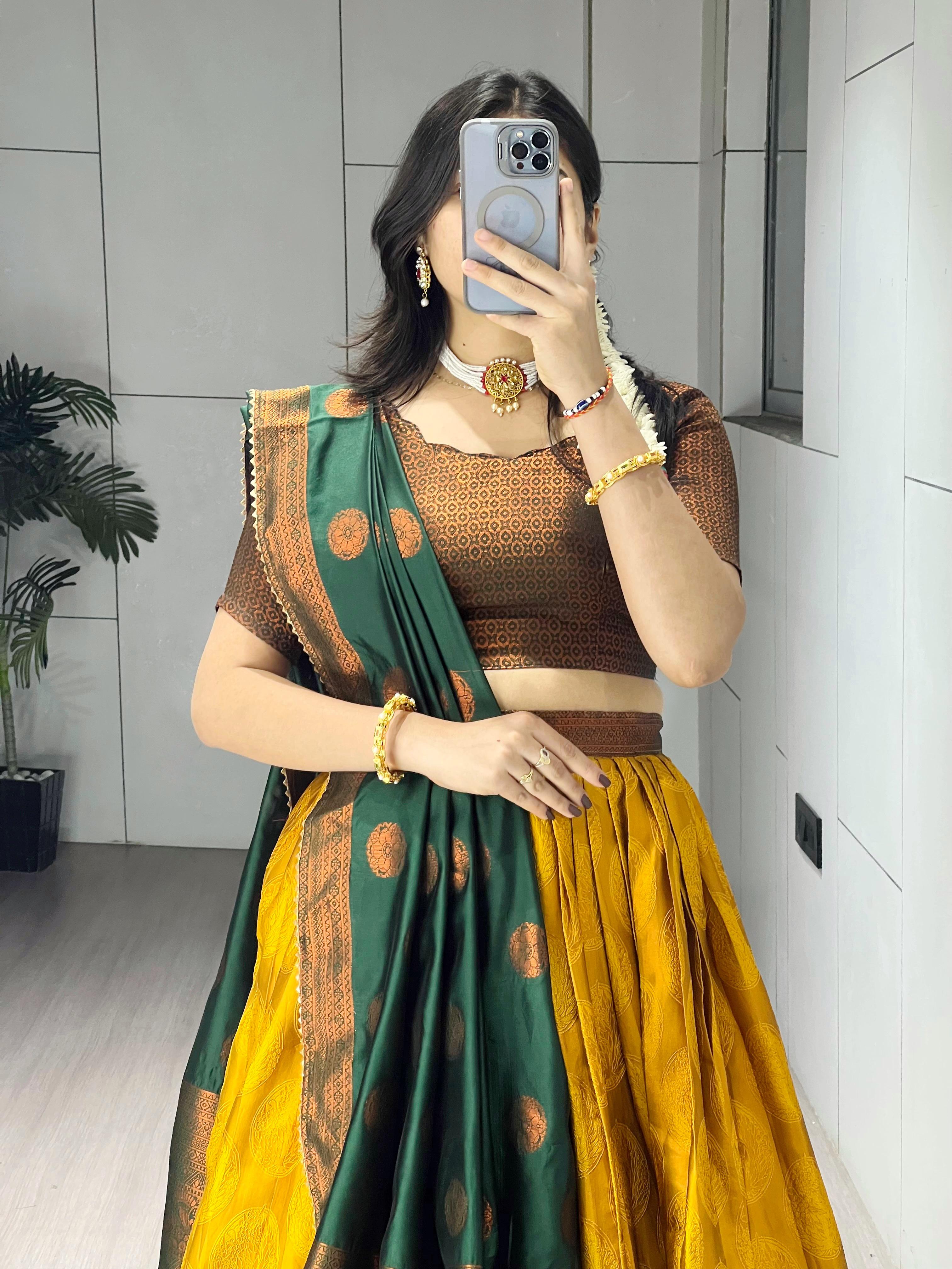 Mustard Pure Silk Zari Weaving Kalamkari Weaving Border Lehenga Choli 