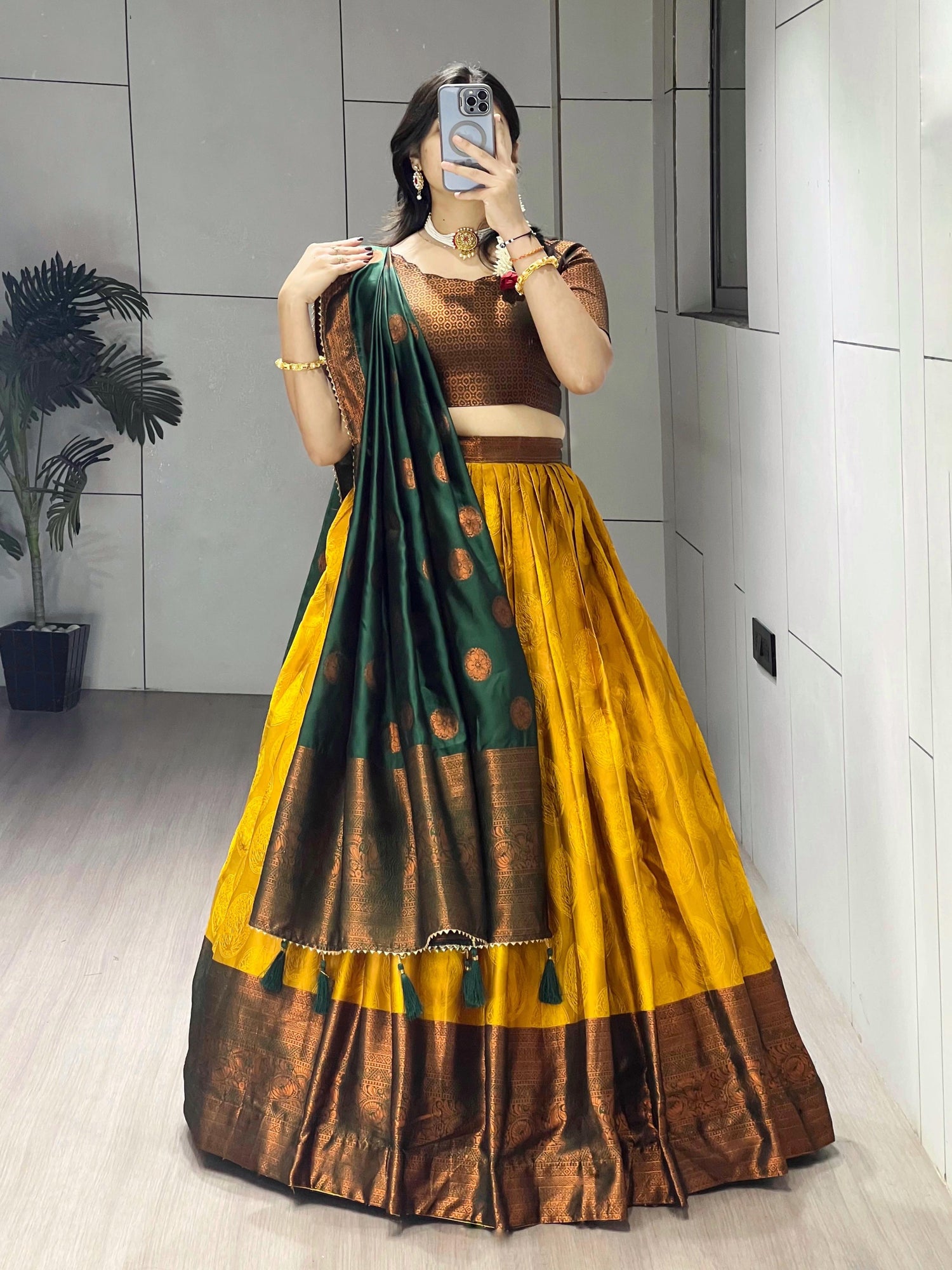 Mustard Pure Silk Zari Weaving Kalamkari Weaving Border Lehenga Choli 