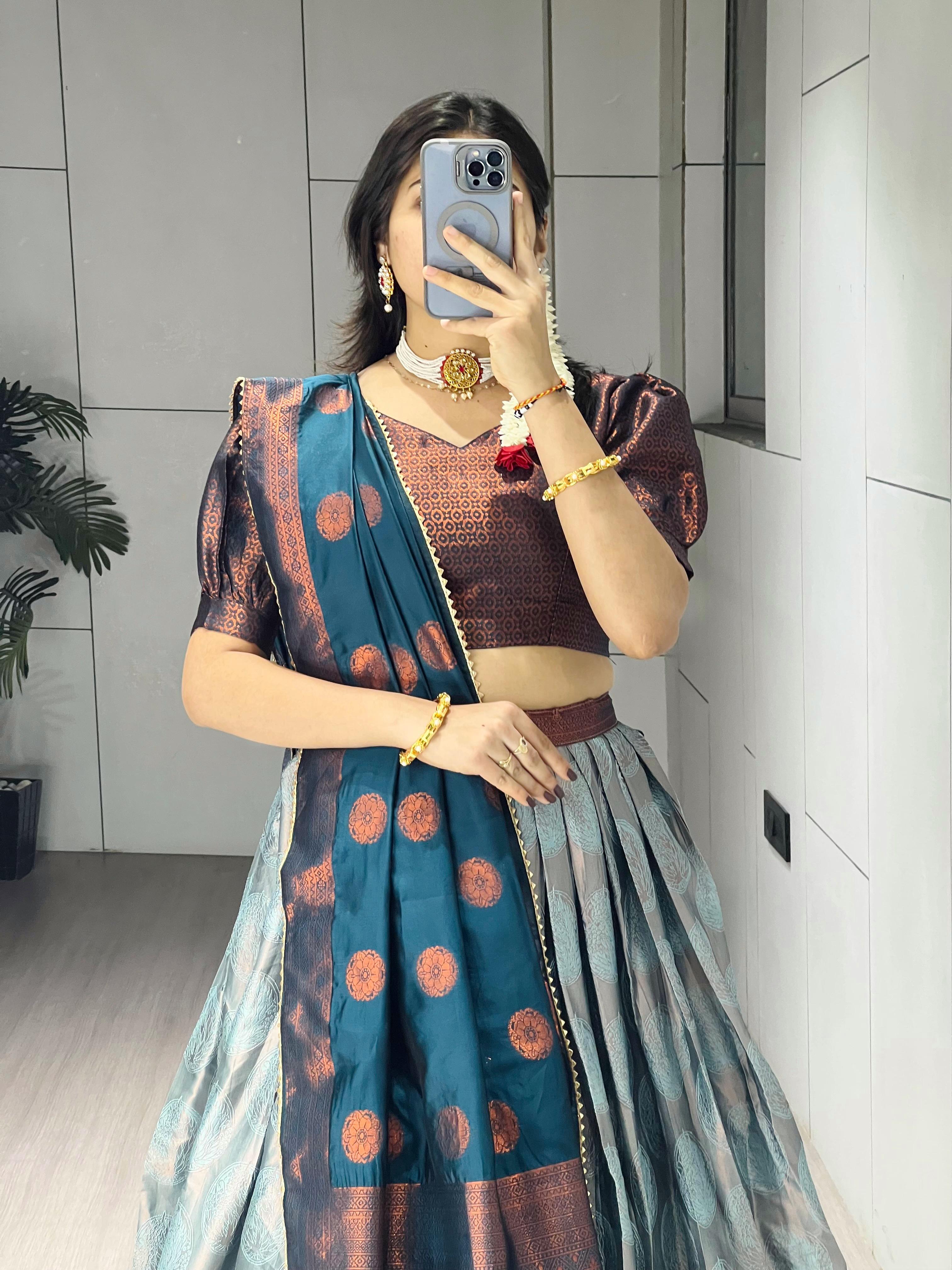 Rama Pure Silk Zari Weaving Kalamkari Weaving Border Lehenga Choli 