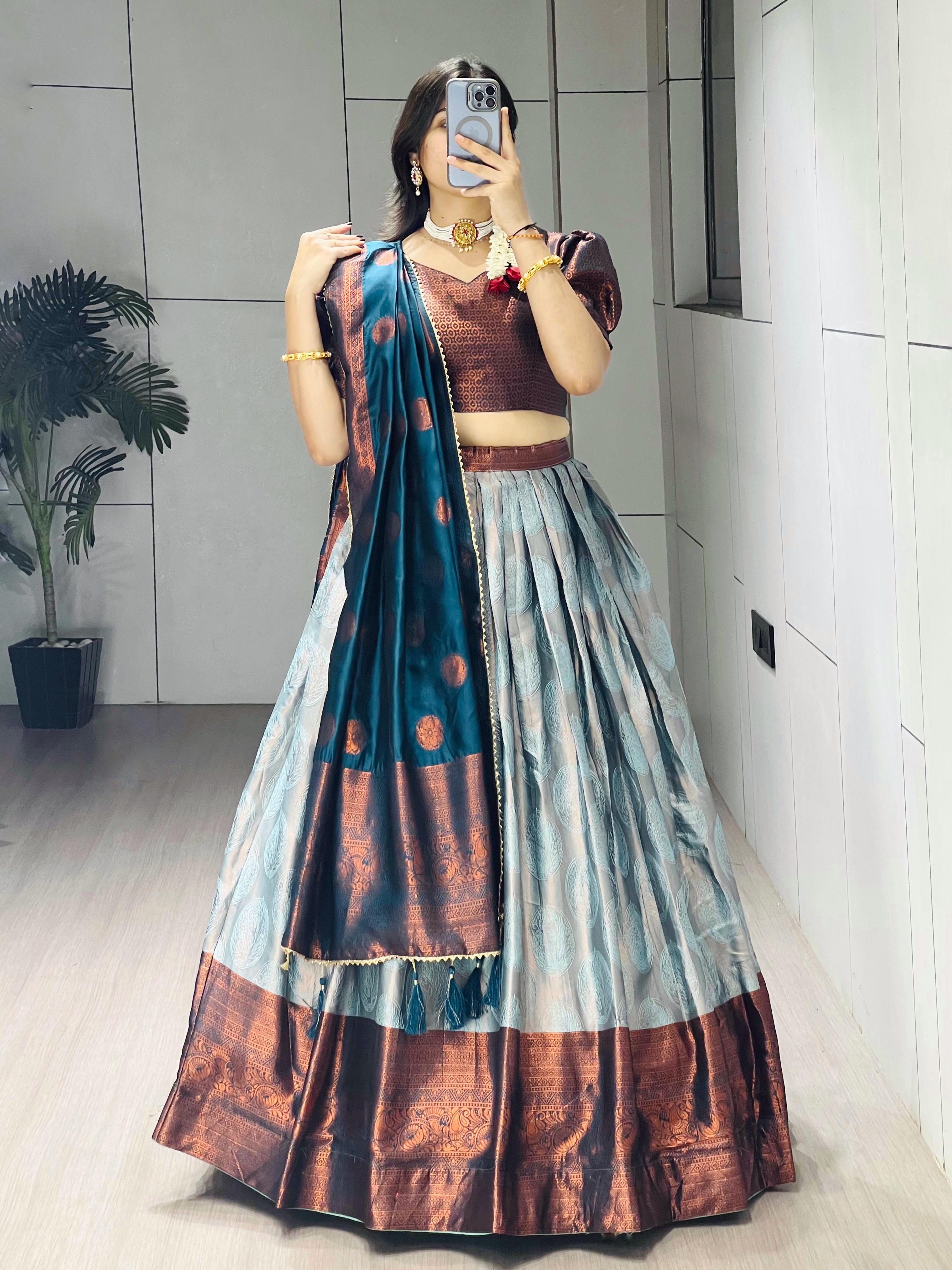 Rama Pure Silk Zari Weaving Kalamkari Weaving Border Lehenga Choli 